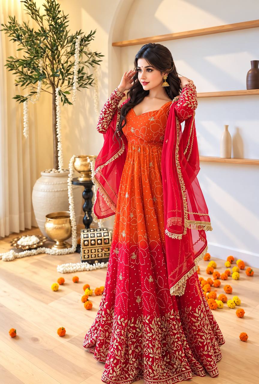 Orange & Red Ombre Bandhani Embroidered Suit Set